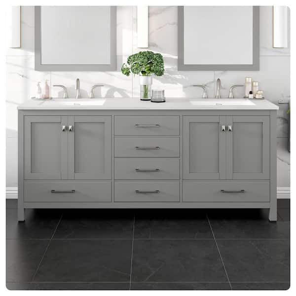 Aberdeen 78 in. Double Sink Gray Bath Vanity with White Carrara Quartz Top (Assembled)