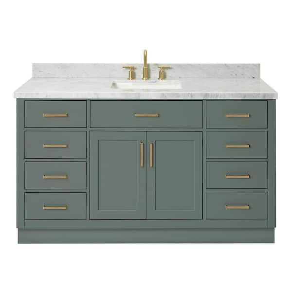 Hepburn 61 in. W x 22 in. D x 36 in. H Single Sink Bath Vanity in Vintage Green with Italian Carrara Marble Top