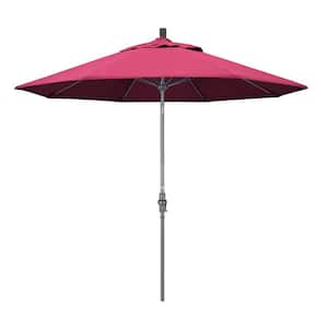 9 ft. Hammertone Grey Aluminum Market Patio Umbrella with Collar Tilt Crank Lift in Hot Pink Sunbrella