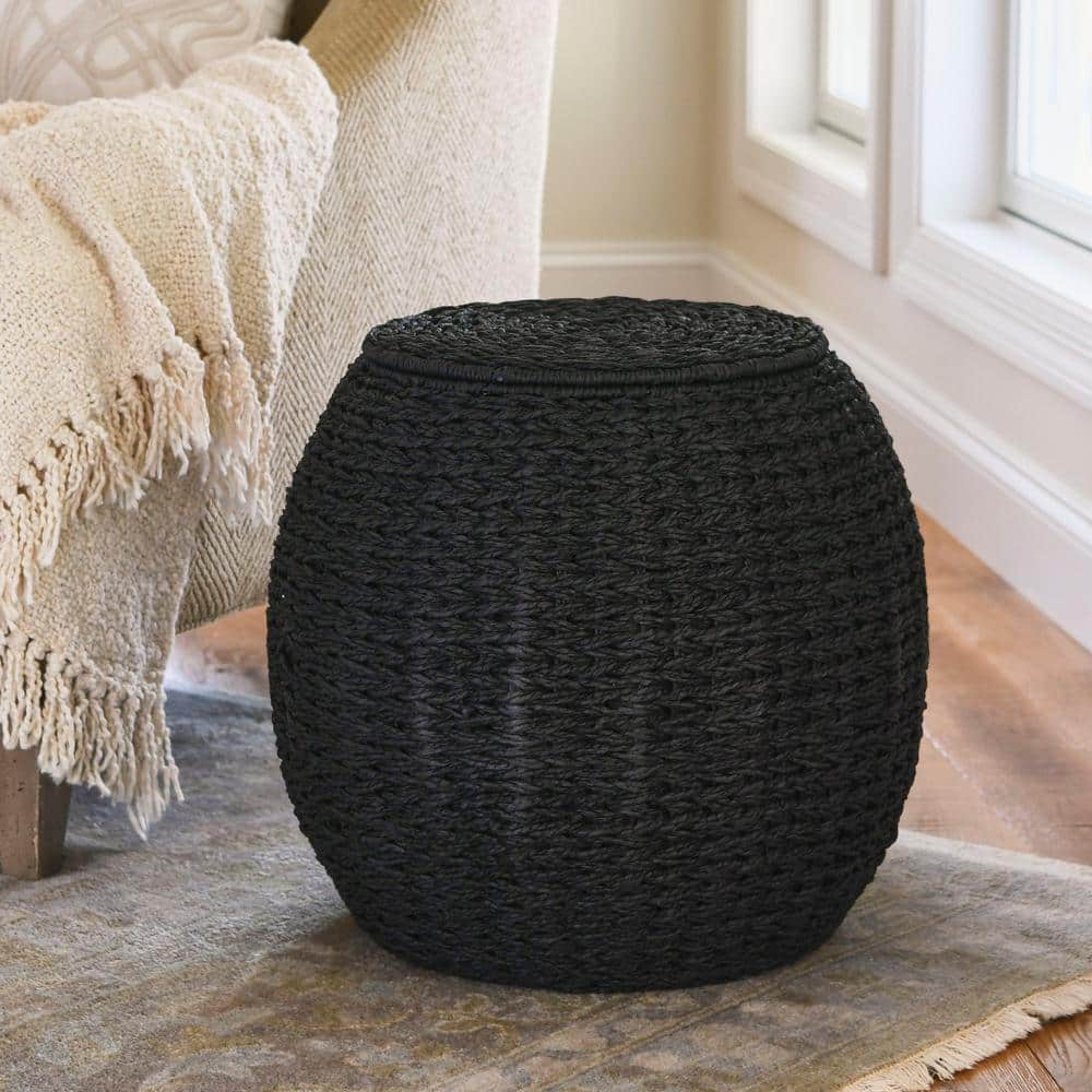 Black Handwoven Paper Rope Barrel Wicker Storage Basket Side Table