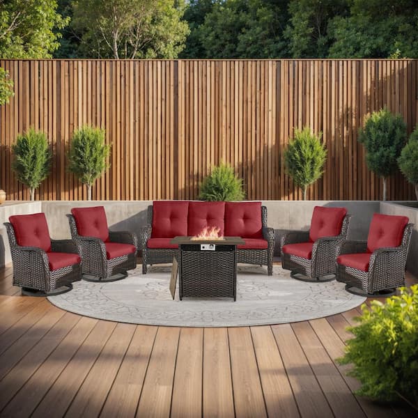 moosprr 6-Piece Brown Wicker Fire Pit Conversation Set with Olefin Red Cushions and 4 Swivel Glider Chairs and Couch