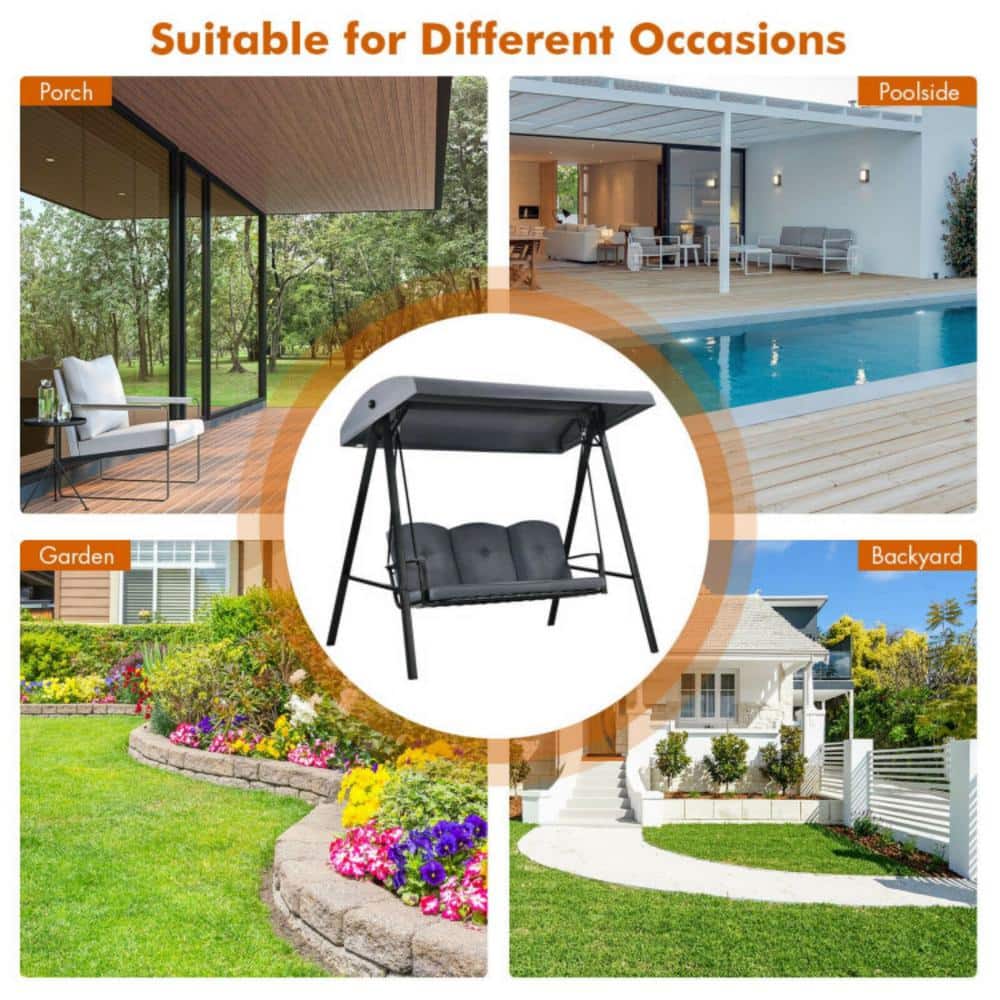 Gray Steel 3-Seat Outdoor Porch Swing with Adjustable Canopy