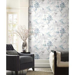 Blue and White Spring Cherry Blossoms Peel and Stick Wallpaper (Covers 28.29 sq. ft.)