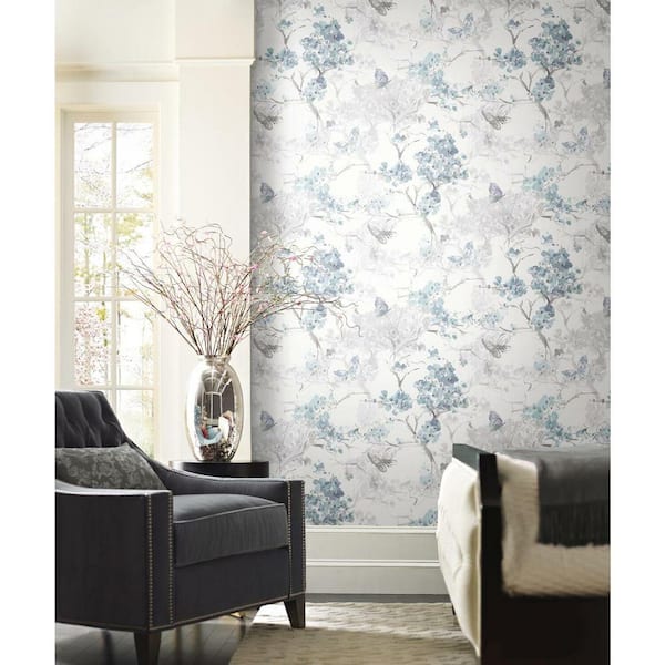 Blue and White Spring Cherry Blossoms Peel and Stick Wallpaper (Covers 28.29 sq. ft.)