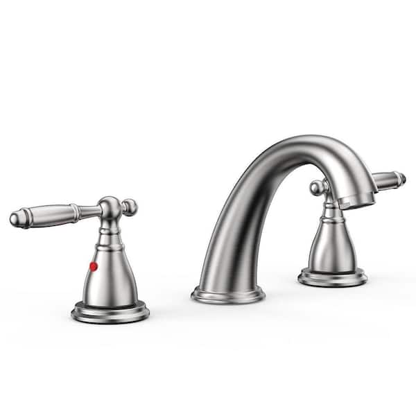 8 Inch 3 Holes Brushed Nickel Low Arc Widespread Bathroom Sink Faucet, 2 Handles Bathroom Faucet with Metal Pop Up Drain