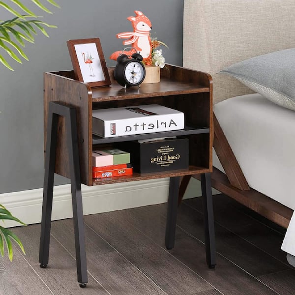 VECELO Side End Table Furniture with 2-Tier Open Storage Compartments Industrial Nightstand for Small Spaces, 18.3"X23.6"X11.8"
