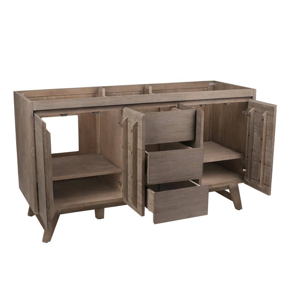 60-Inch Gray Teak Double Freestanding Vanity with Solid Wood Cabinet