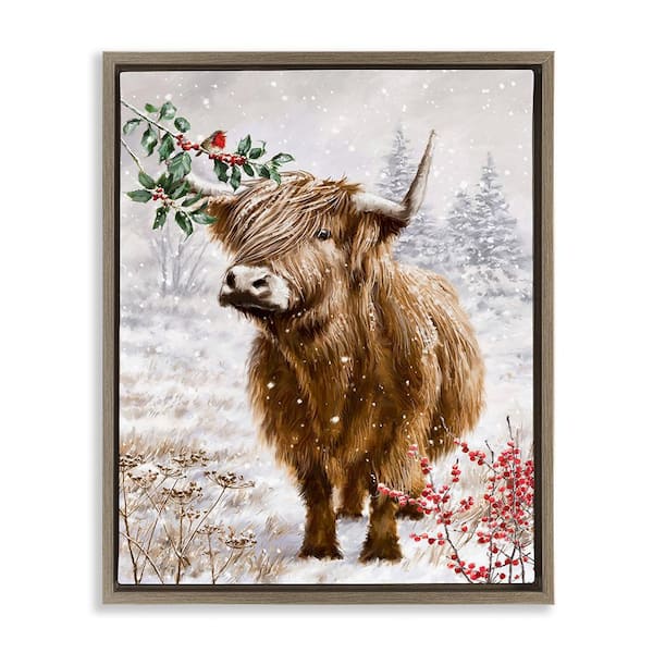 Stupell Industries Cattle with Winter Berries by Ian Saxton 1 Piece Floater Frame Graphic Print Animal Poster Art Print 31 in. x 25 in.