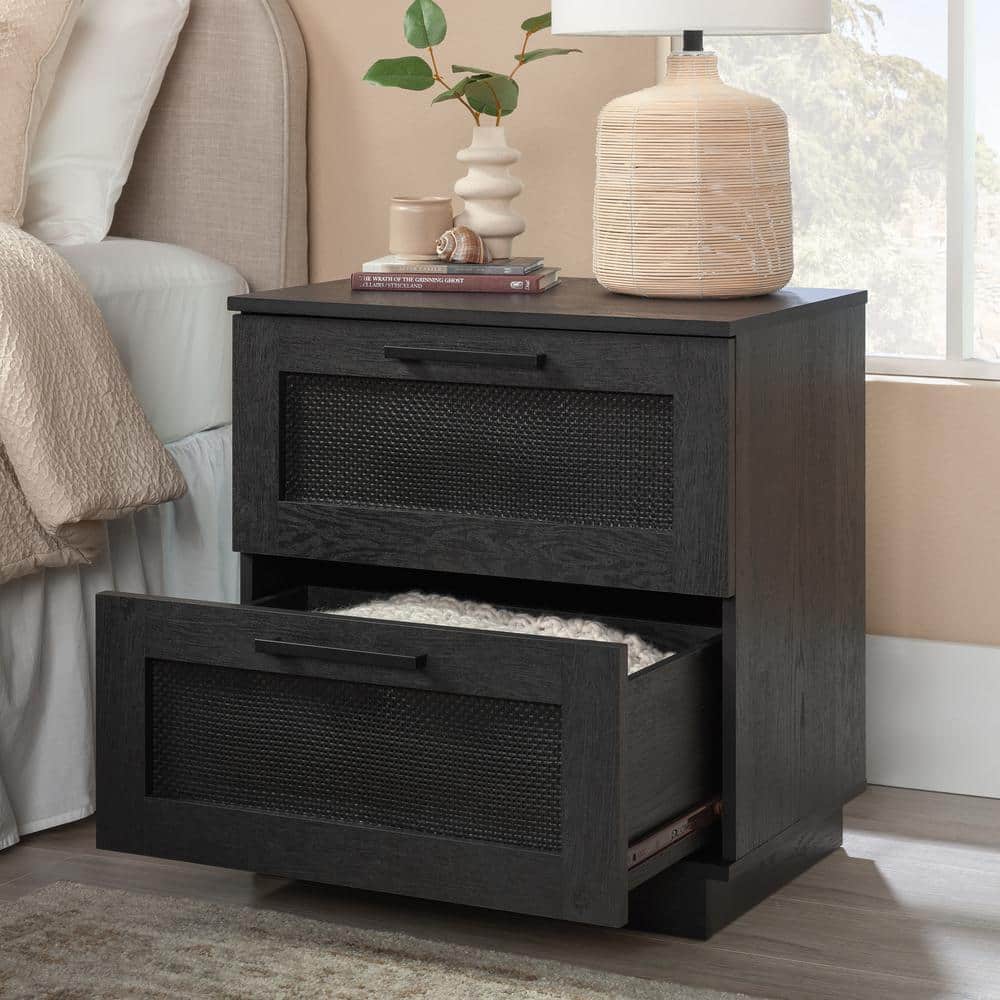 Raven Oak 2-Drawer Rattan Nightstand