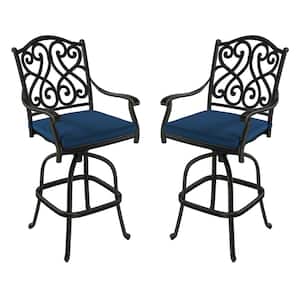 Set of 2 Cast Aluminum Outdoor Bar Stool Patio Vintage Carved Barstools with Blue Cushions