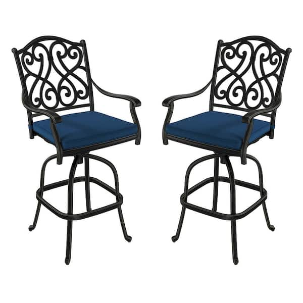 Clihome Set of 2 Cast Aluminum Outdoor Bar Stool Patio Vintage Carved Barstools with Blue Cushions