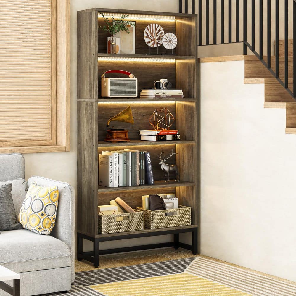 BYBLIGHT Eulas 70.8 in. Tall Light Gray Wood 5-Shelf Standard