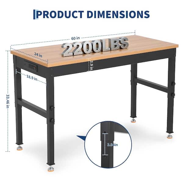 PioneerWorks 60 in. W x 24 in. D Adjustable Height Workbench Table