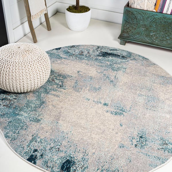 JONATHAN Y Cream/Blue 5 ft. Contemporary Pop Modern Abstract Vintage Round Area Rug