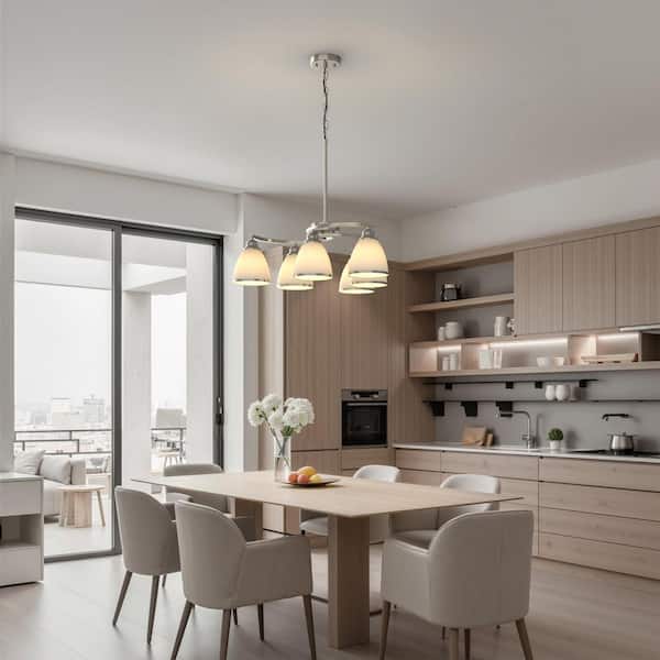 6-Light Modern Brushed Nickel Chandelier with Frosted White Glass Shades for Dining Room or Bedroom