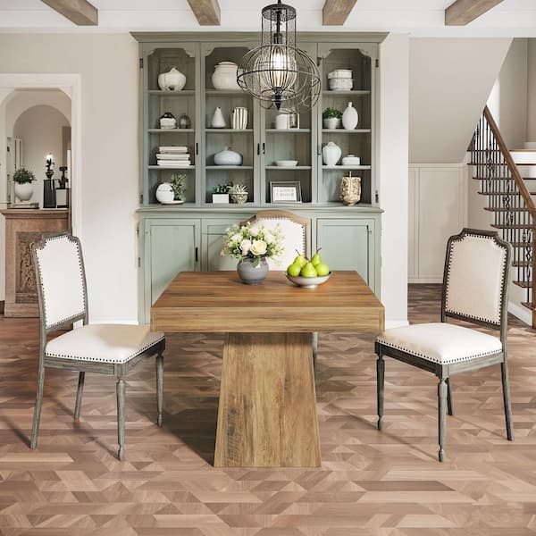 BYBLIGHT Brown Wood 31.5 in. Pedestal Square Dining Table with Sturdy Pedestal Base Seats-4 for Dining Room, Living Room, Kitchen