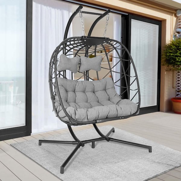 FINCATI Morden Charcoal Gray Wicker Double Seat Swing Chair With Black Stand and Light Grey Cushions