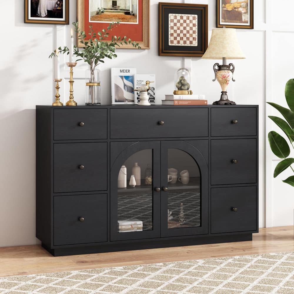 Luther Modern Black 35.8 in. H Sideboard Accent Storage Cabinet with Glass Doors, Adjustable Shelves, Drawers