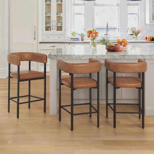 26 in. Brown Faux Leather Metal Frame Bar Chair Wraparound Upholstered Counter Height Bar Stools (Set of 3)