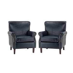 Enzo Traditional Comfy Vegan Leather Solid wood Legs Armchair with Nailhead Trim for Livingroom and office Set of 2-Navy