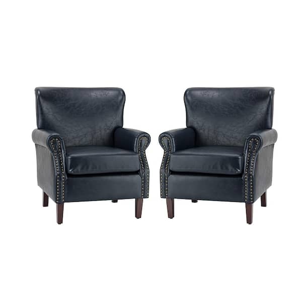JAYDEN CREATION Enzo 30 in. Traditional Navy Faux Leather Arm Chair with Solid Wooden Legs (Set of 2)