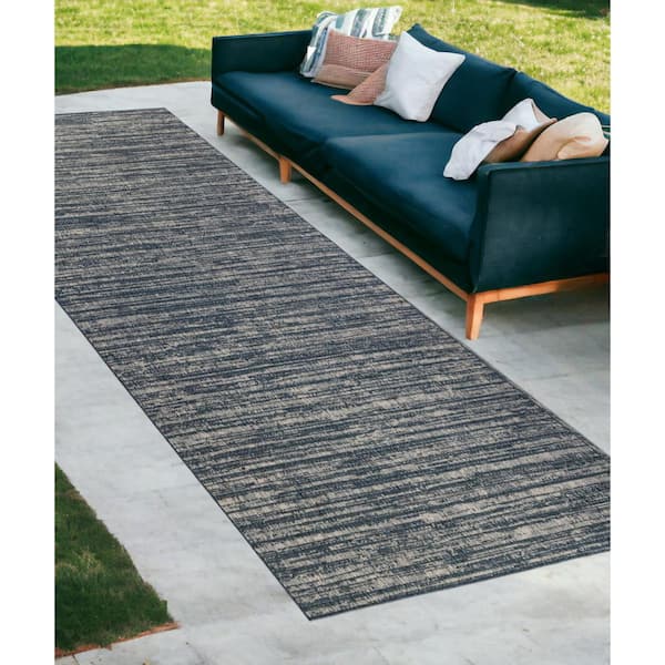 Gray, Blue 2 ft. x 8 ft.  Loomed Striped Polypropylene Runner Indoor/Outdoor Area Rug