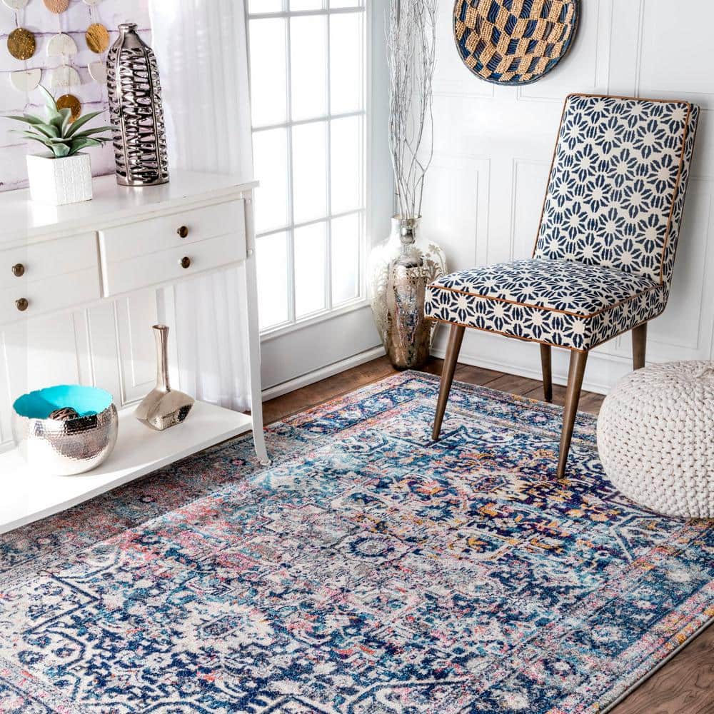 Blue Rectangular Vintage Medallion Synthetic Area Rug