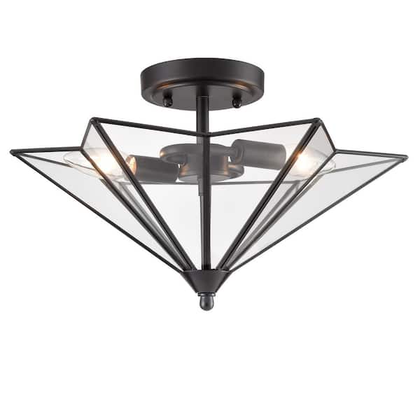 CLAXY 18.3 in. 2-Light Black Modern Semi-Flush Mount with Clear Glass Shade and No Bulbs Included 1-Pack