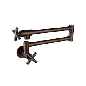 Modern Wall Mount Hot Cold Water Faucet with Folding Stretchable 2-Handles Single Hole Pot Filler Faucet in Bronze