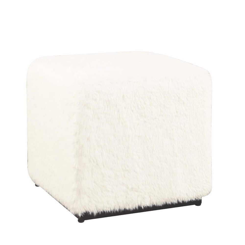 White Faux Fur Cube Ottoman with Metal Base