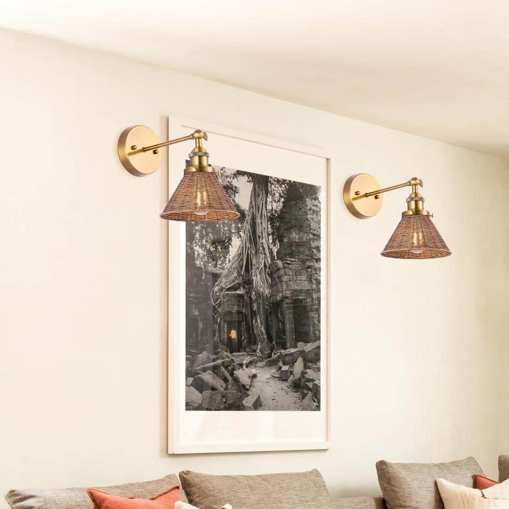 Brass and Rattan Swing Arm Wall Sconce with Woven Shade