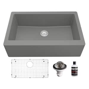 QA-740 Quartz/Granite 34 in. Single Bowl Farmhouse/Apron Front Kitchen Sink in Grey with Bottom Grid and Strainer