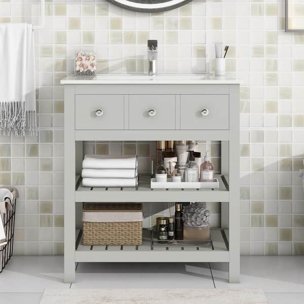 ANGELES HOME 30 in. W x 18.5 in. D x 33 in. H Freestanding Bath Vanity in Grey with White Ceramic Single Sink and Top,2-Tier Shelf