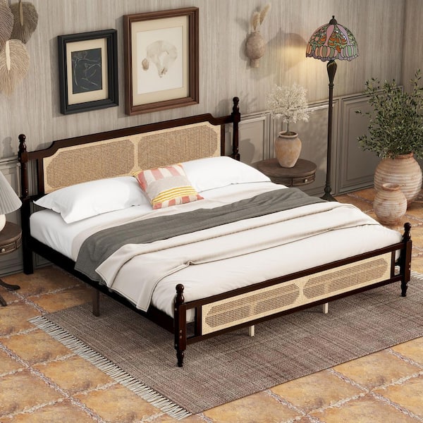 Espresso Brown Wood Frame King Platform Bed with Rattan Headboard and Footboard