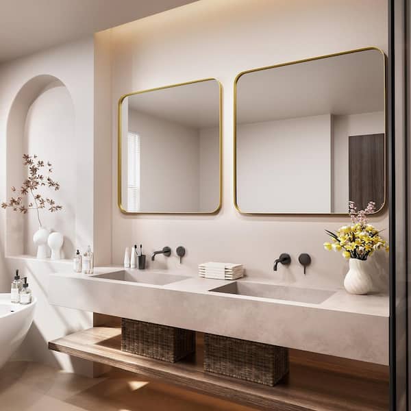 36 in. W x 36 in. H Tempered Glass Rounded Rectangle Framed Wall-Mounted Bathroom Vanity Mirror in Gold