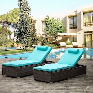 PE Wicker Set of 2 Outdoor Patio Chaise Lounge Chair with Tilt Adjustable Backrest and Removable Seat Cushion Blue