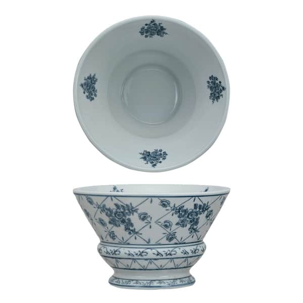 9.5 in. 89.3 fl. oz. Blue and White Hand-Painted Porcelain Floral Pattern Serving Bowl