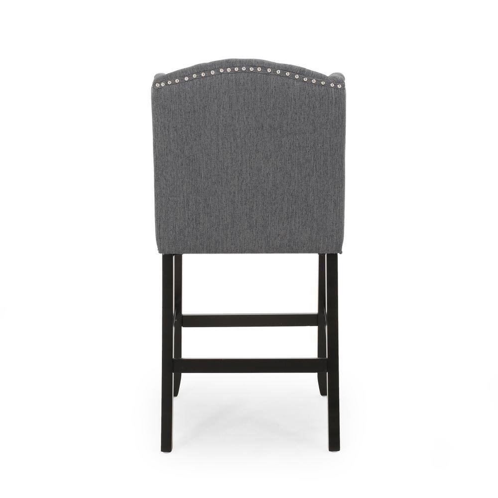 Elegant Charcoal Polyester Wingback Counter Stool Set, Dark Brown Wood