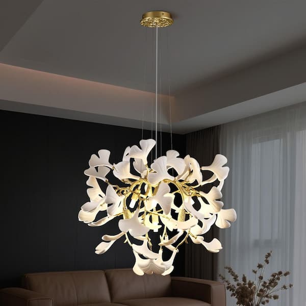 PUYRNF 7-Light 24 in. Ginkgo Modern Chandelier, Gold Tree Branches Chandelier, for Living Room, Dining Room, Bedroom and Foyer