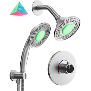 Smart LED Grain 2-Spray Wall Mount 5 in. Fixed and Handheld Shower Head 2.5 GPM in Brushed Nickel Valve Included