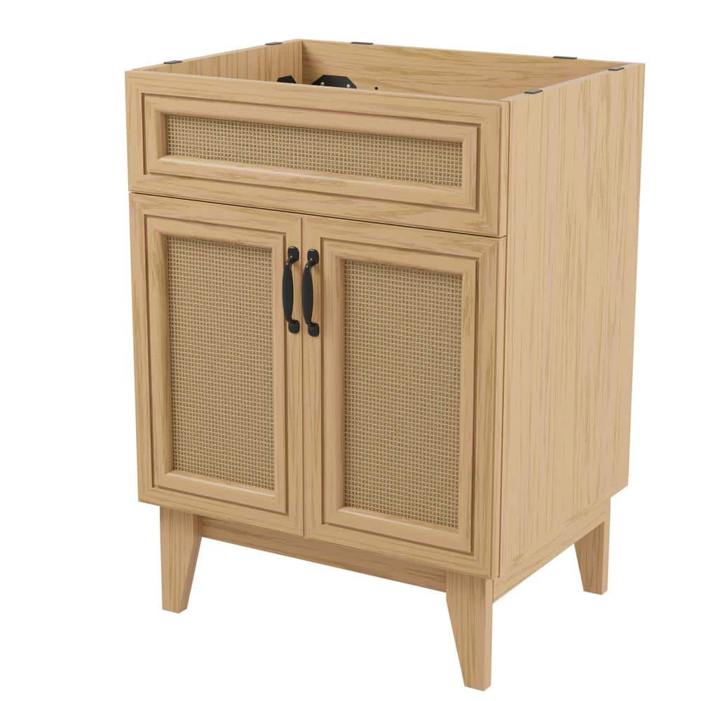 Javer 24 in. W x 18 in. D x 33 in. H Rattan Modern Farmhouse 2-Shelf Bath Vanity Cabinet Only (Sink Basin not Included)  Oak