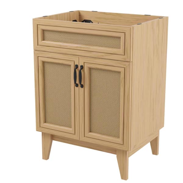 JONATHAN Y Javer 24 in. W x 18 in. D x 33 in. H Rattan 2-Shelf Bath Vanity Cabinet without Top (Sink Basin not Included), Oak