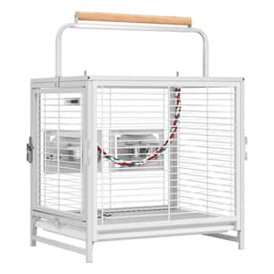 19 in. Wrought Iron Bird Travel Carrier Cage for Parrots Conures Lovebird Cockatiel Parakeets in White