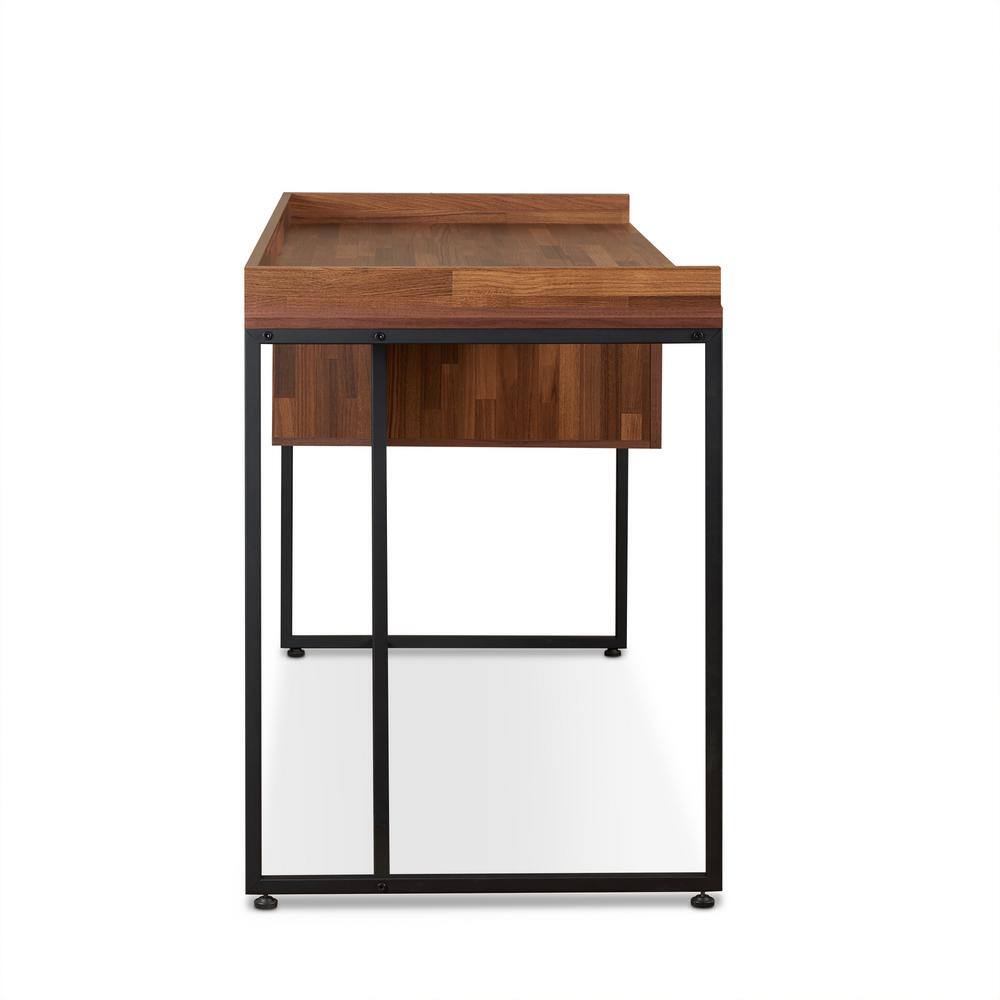 Walnut and Black Wood Desk with Drawer and Metal Frame