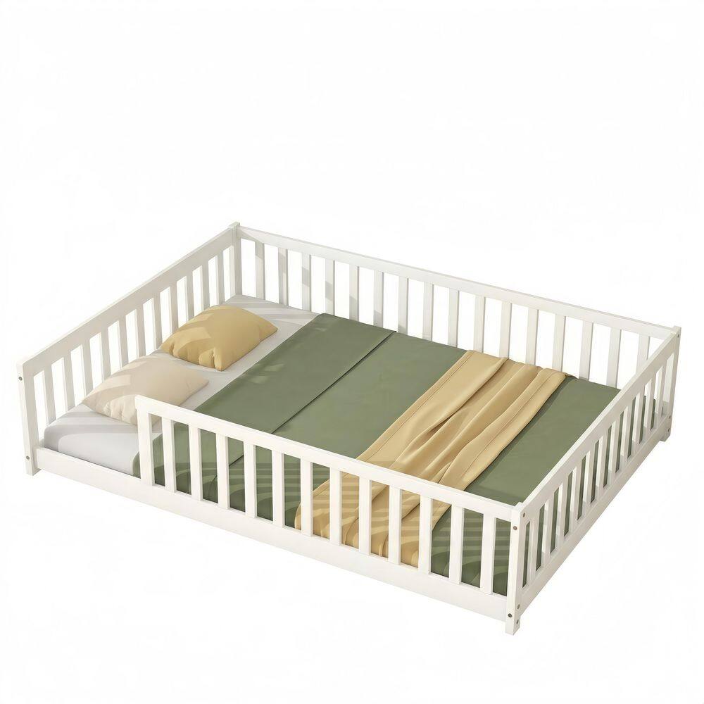 White Wood Frame Full Size Floor Fence Platform Bed with Safety Guardrails price history on PriceWatchPro