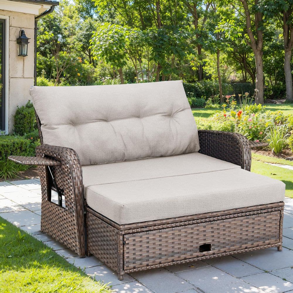 Brown Wicker Outdoor Sofa Day Bed Loveseat Sun Lounger for Backyard Porch with Cozy Cushion Guard Beige Cushions price history on PriceWatchPro