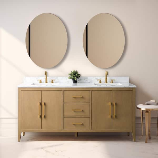 Vanity Art 72 in. W x 22 in. D x 34 in. H Double-Sink Bathroom Vanity in Natural Oak with Engineered Marble Top in Arabescato White