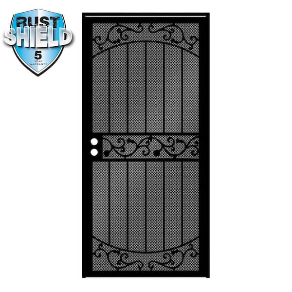 Unique Home Designs 36 in. x 80 in. La Entrada Rust Shield Black Surface Mount Outswing Steel Security Door with Perforated Metal Screen