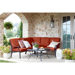Redwood Valley Black 4-Piece Steel Outdoor Patio Sectional Sofa Set with CushionGuard Quarry Red Cushions