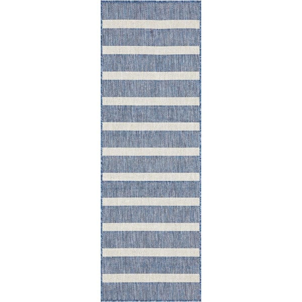 Positano Navy Ivory 2 ft. x 6 ft. Stripes Contemporary Runner Area Rug